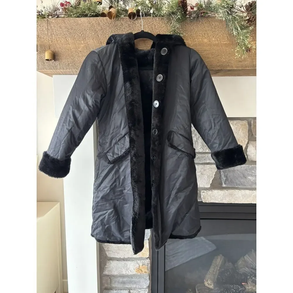 The Children's Place Jacket Girls L 10/12 Black Fur Nylon Hooded Reversible City